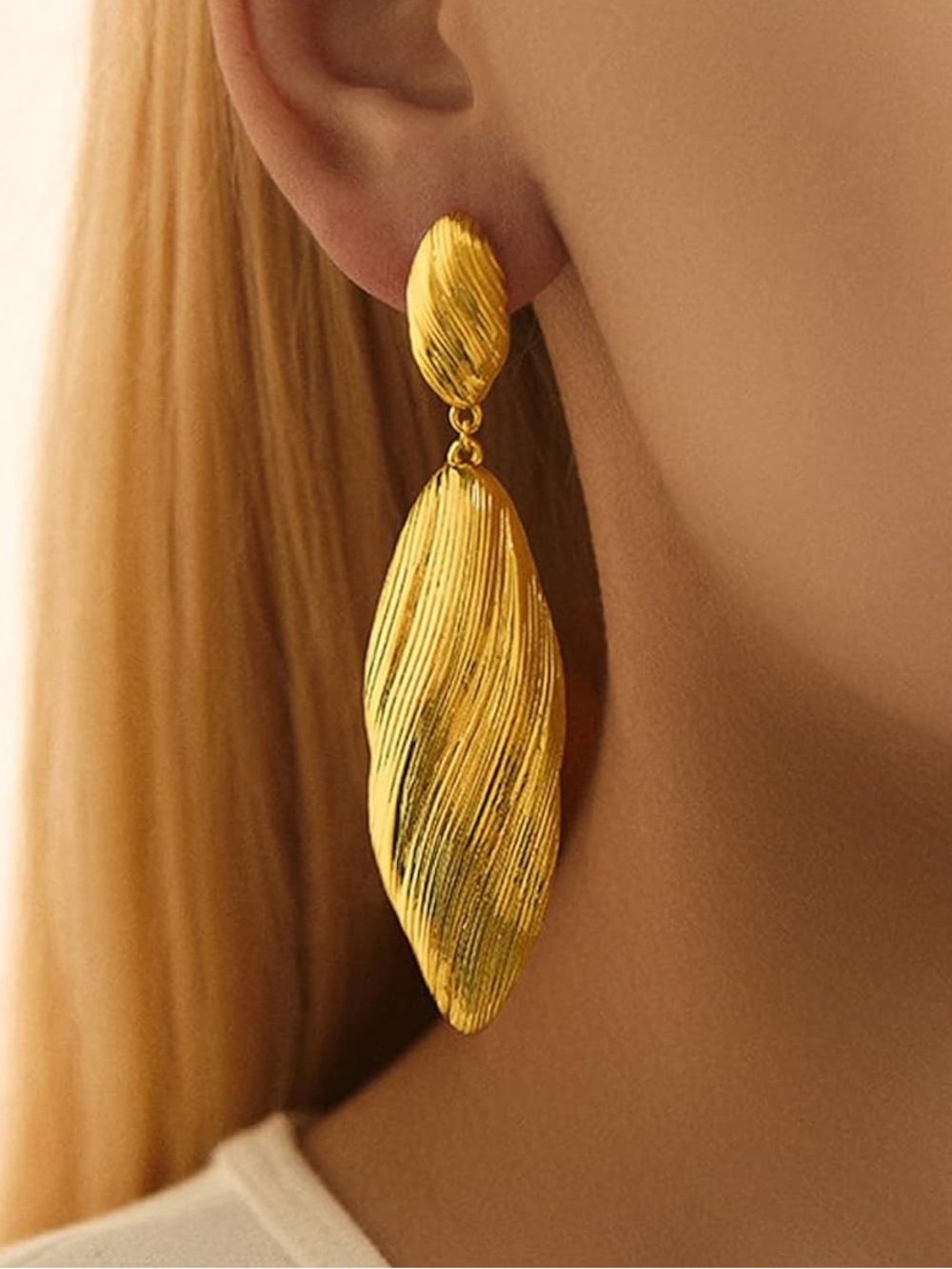 Zara Gold Textured Leaf Drop Earrings - Picture 5 of 6
